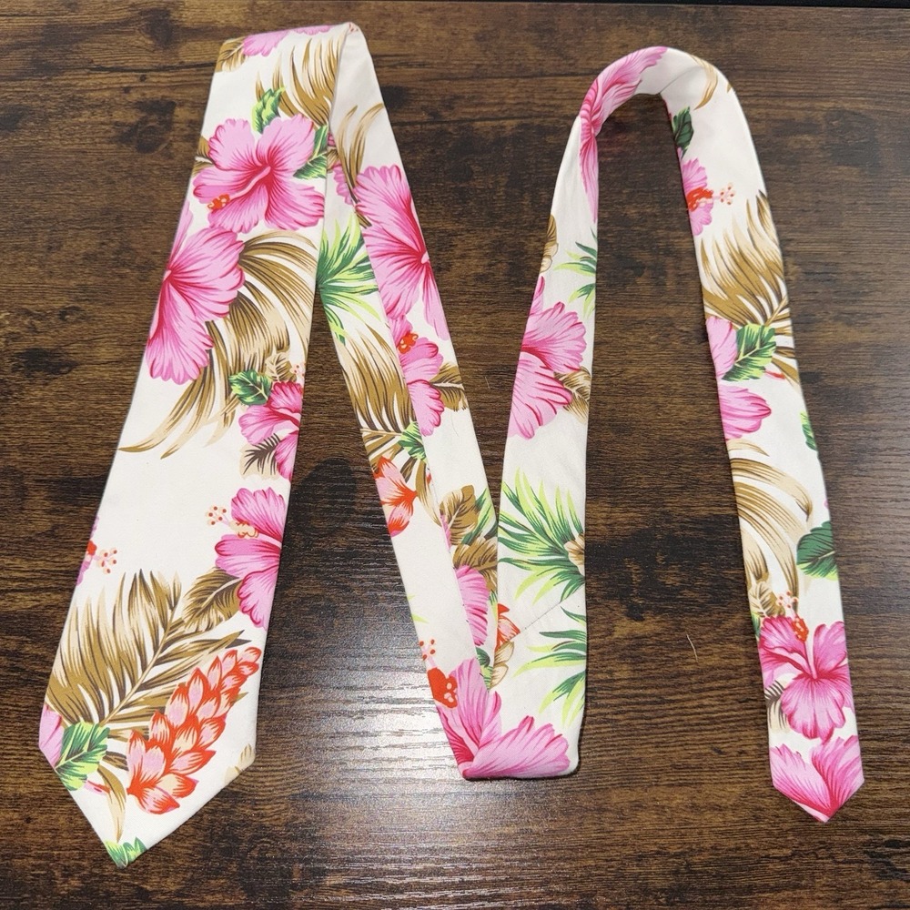 Hi-Tie Tropical Floral Cotton Tie Pink Hibiscus Men's Necktie Handmade Italy